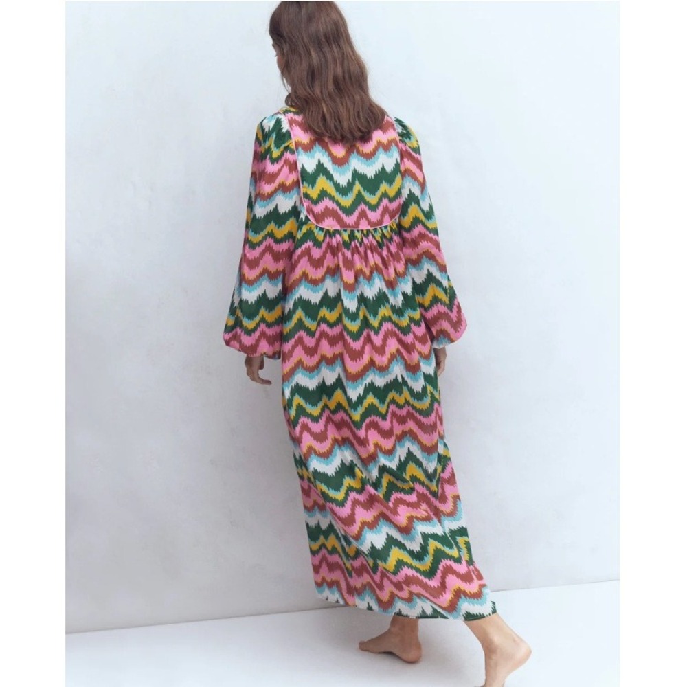 Boden Chevron Zigzag Maxi Dress Pink Green Yellow Tassel Tie US 8R NEW - Picture 2 of 13
